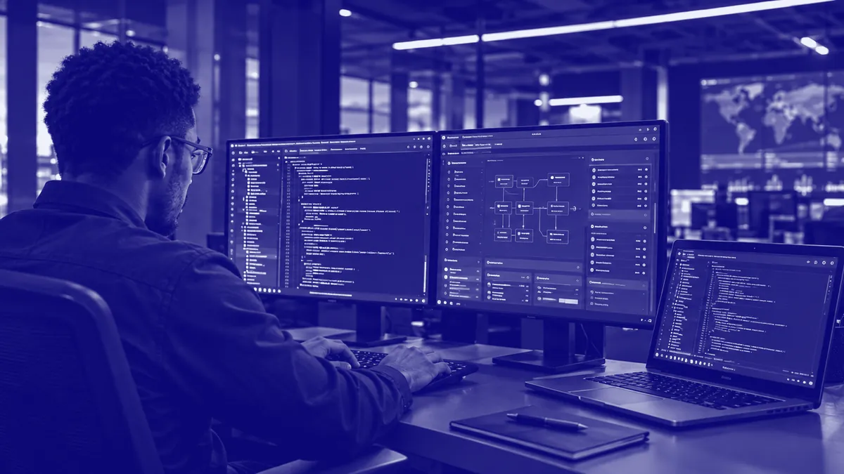 An engineer at a multi-screen workstation reviewing code
